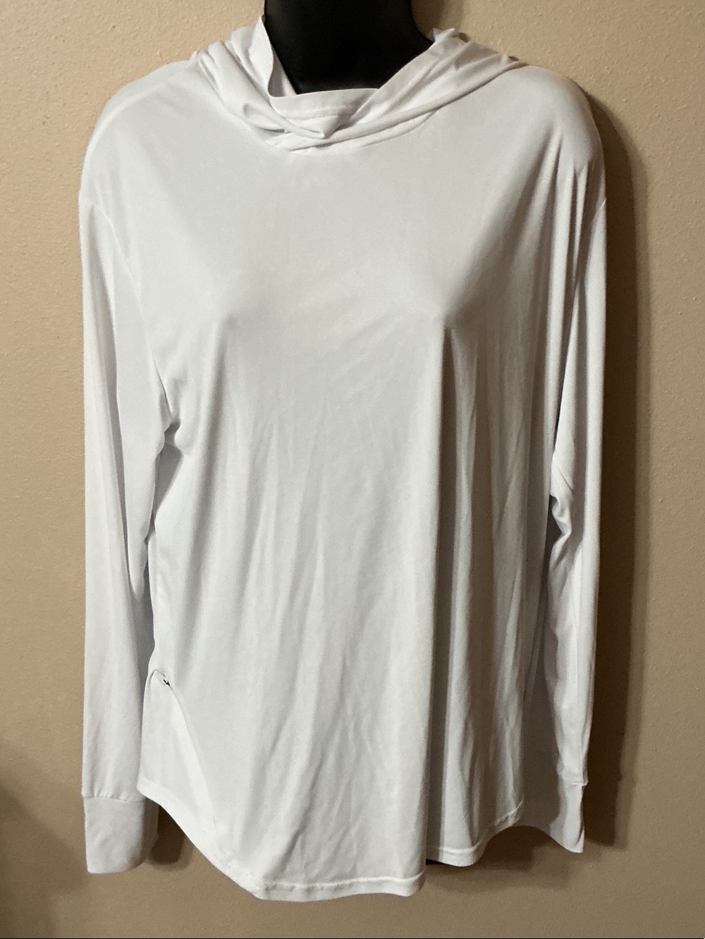 White Lightweight Hooded Women's Top with pocket and thumb holes